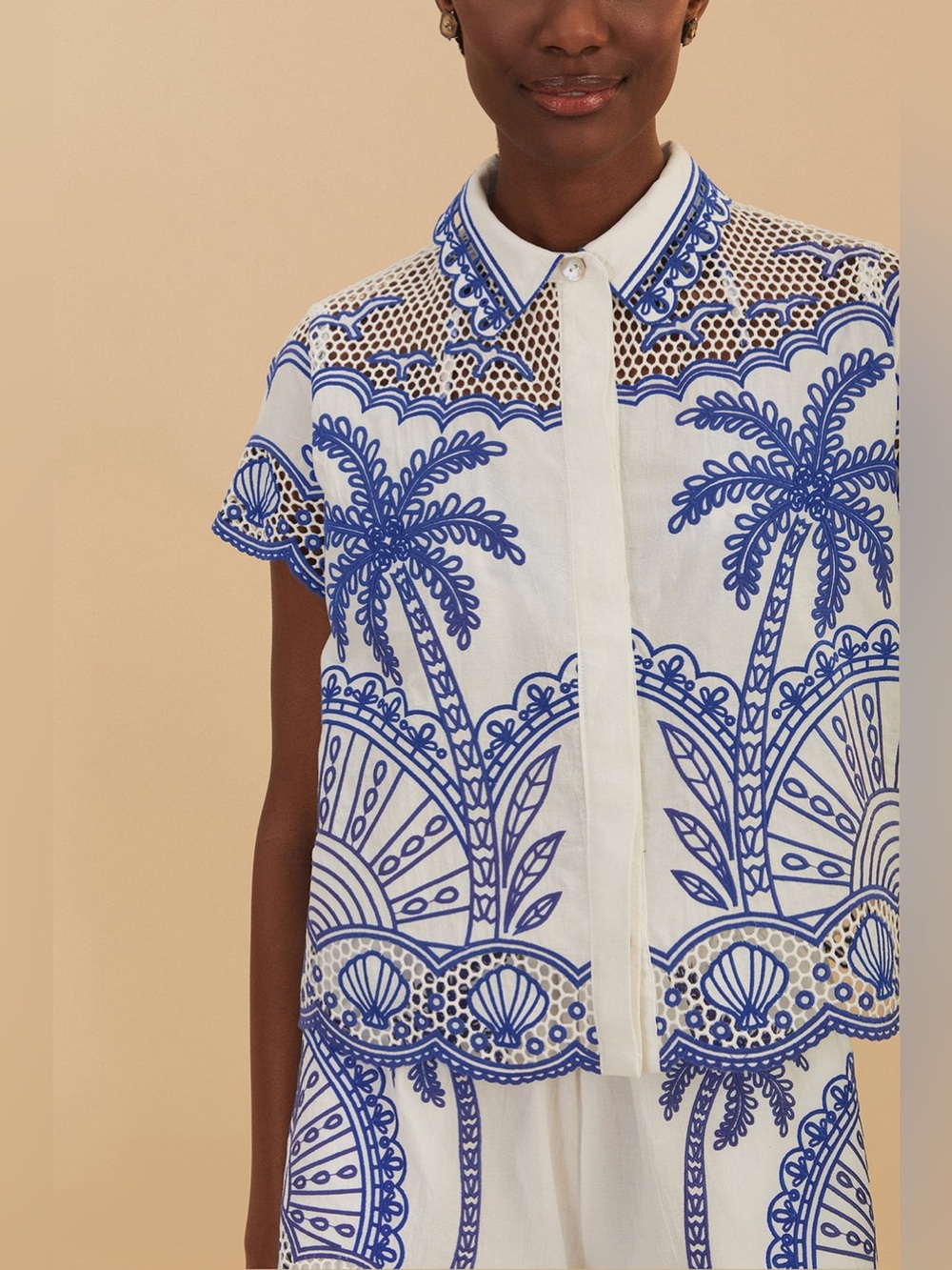 ๐ NWOT Farm Rio Size M Blue Palm Trees Richelieu Collared Shirt 100% Cotton Boho - Picture 4 of 16